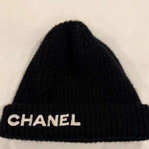 CHANEL Black Knit Hat with Logo